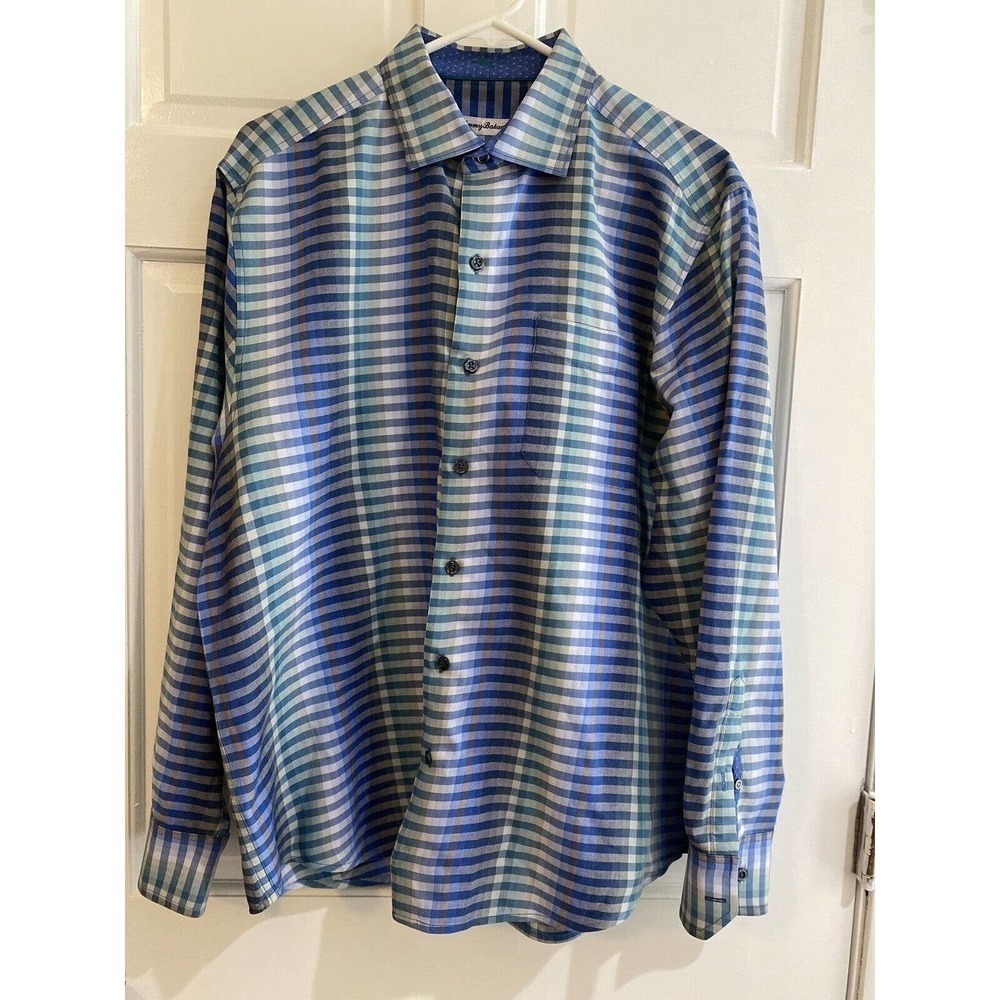Tommy Bahama Mens Medium Shirt Long Sleeve Blue Checkered Plaid